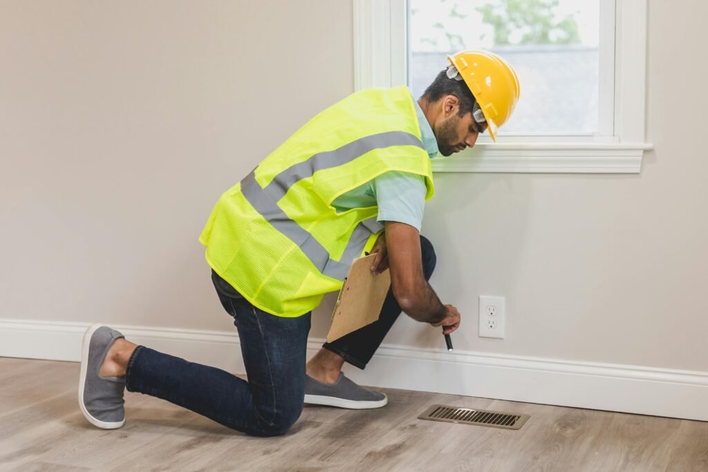 pexels-photo-8293746-8293746 Construction worker conducting a home inspection indoors, using tools near a vent.